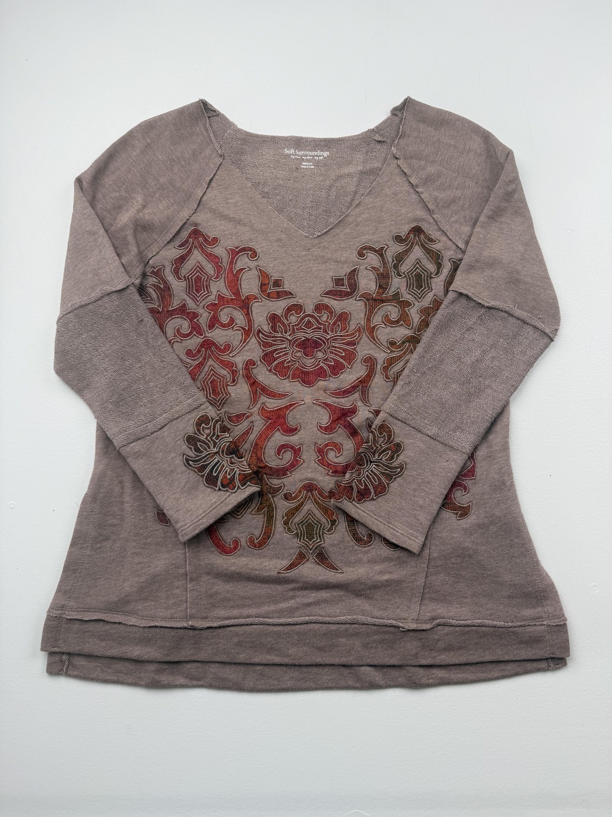 Soft Surroundings Shirt Womens M Brown V Neck Long Sleeve Floral Tunic Top