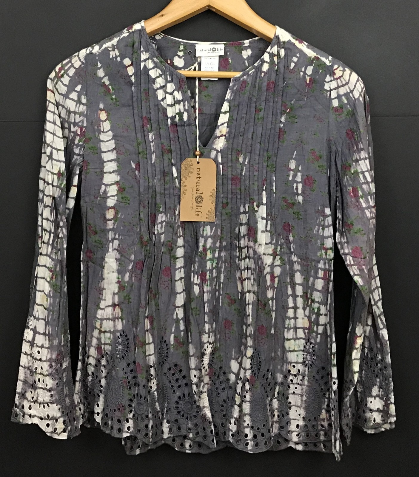 NWT Natural Life Women’s Long Sleeve Tie-Dye Eyelet Top Cotton Tunic Size S