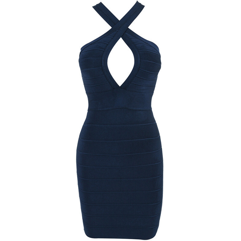 Navy Blue Color Cross Straps Deep V Neck Bandage Dress