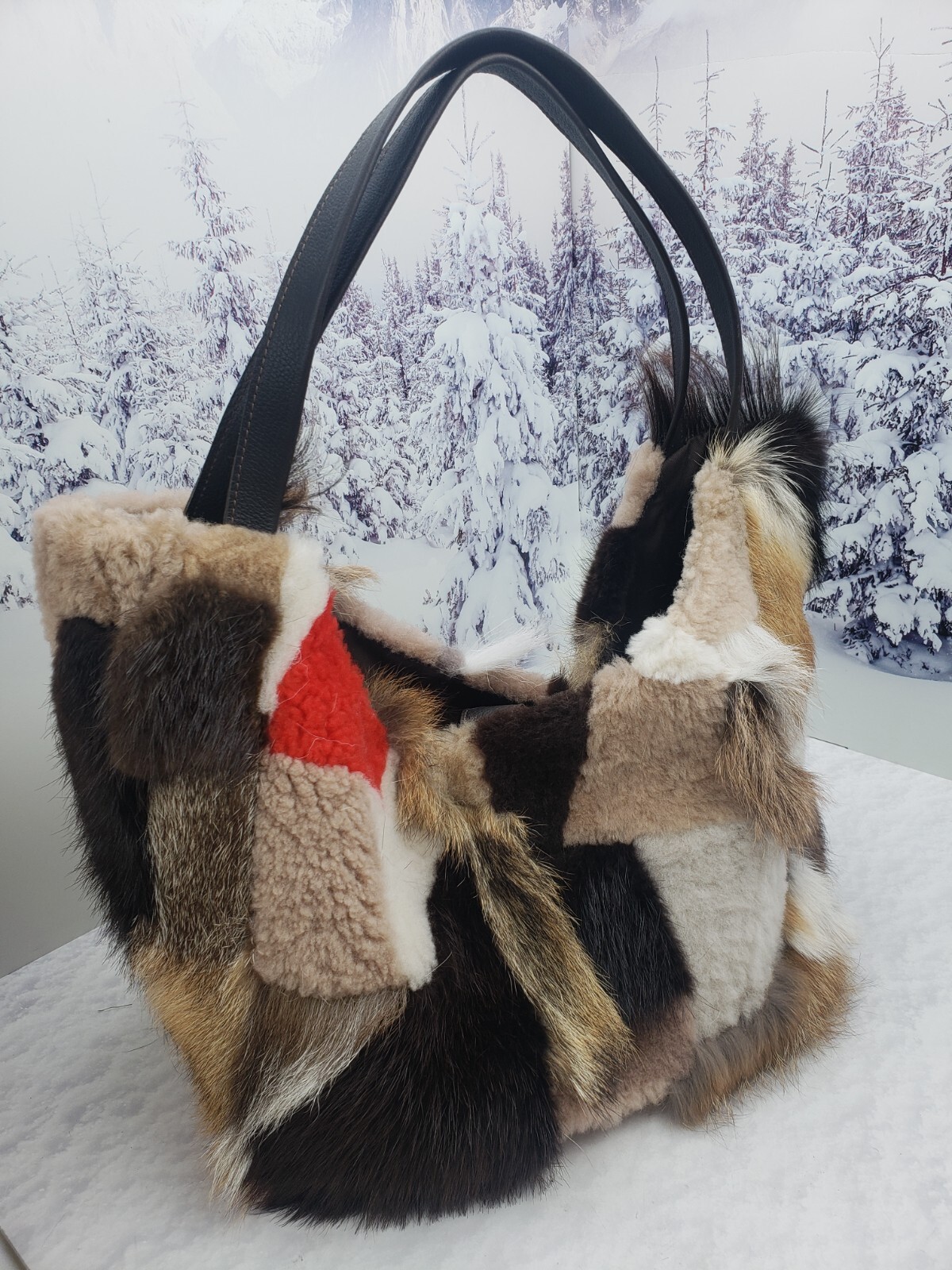 Real fur tote bag Patchwork Big fur shopper bag Women purse Gift for women