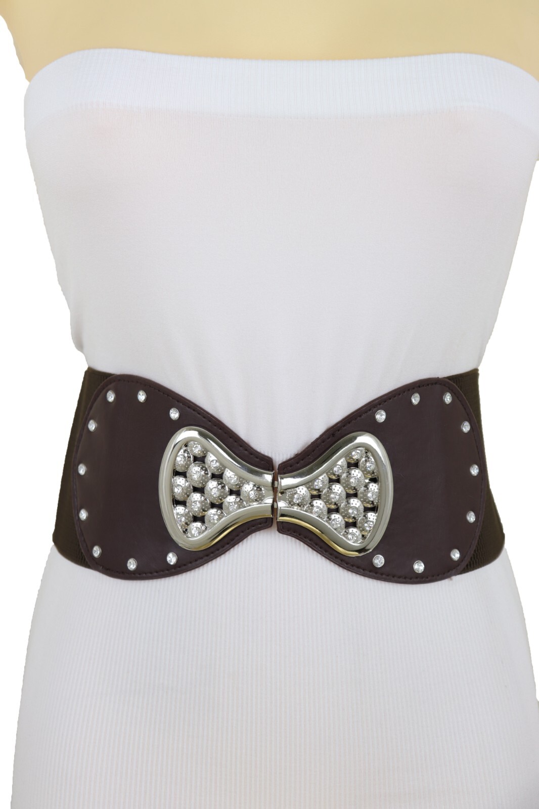 Women Dark Brown Wide Elastic Gift Present Belt Silver Metal Bow Tie Buckle S M
