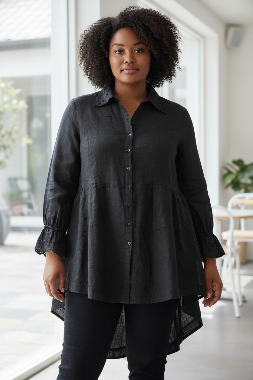NWT April Cornell Linen Cotton Top Eyelet Ruffle Hi Low Modest Boho XL Lagenlook