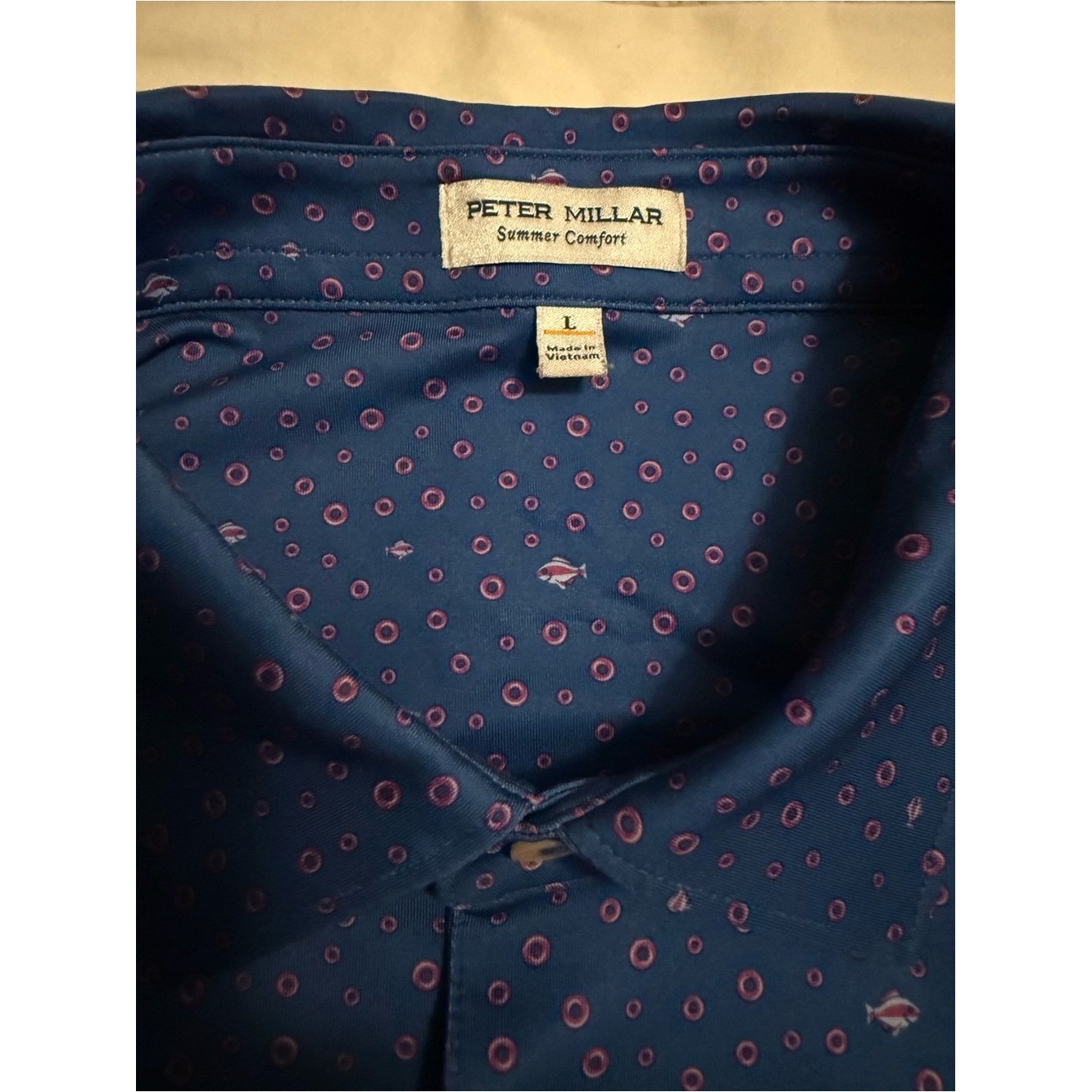 Peter Millar Fish Print Polo Shirt Summer Comfort Blue Performance Size Large