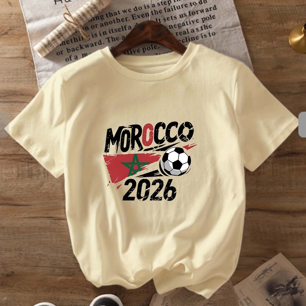 Morocco 2026 Flag Soccer Graphic Women’s Casual Sports Fan T-shirt Top