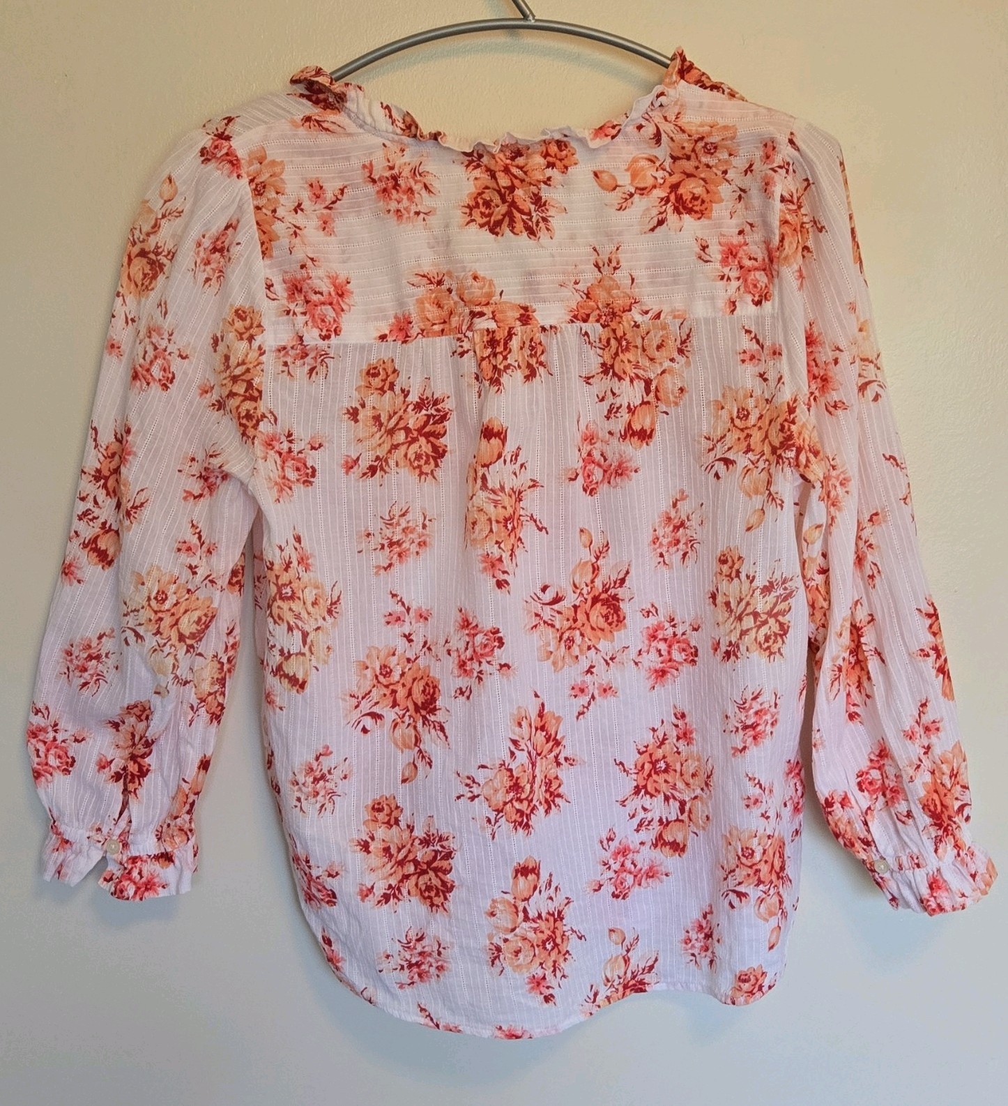 LOFT Women’s M White Orange Floral 3/4 Sleeve Cotton Button Up Blouse Cottage