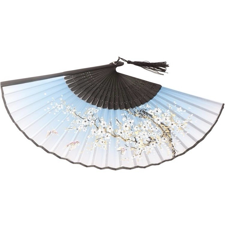 Handmade Blue/Black/White Folding Bamboo Hand Fan Floral Cherry Blossom Tassel