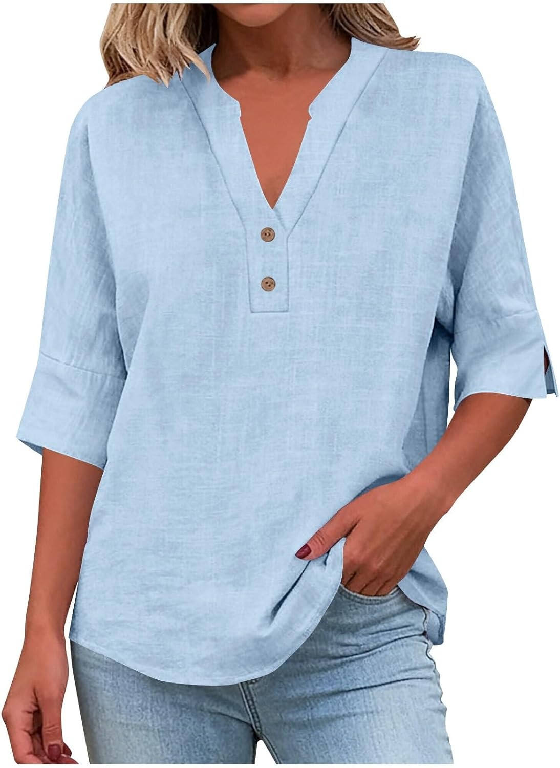Women Linen Shirt V Neck 3/4 Sleeve Loose Fit Button Down Summer Top