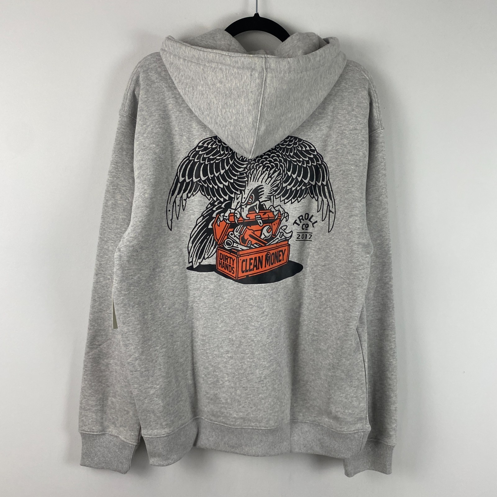 Troll Co. Eagle Eye Hoodie Mens Medium Gray Pullover Dirty Hands Clean Money