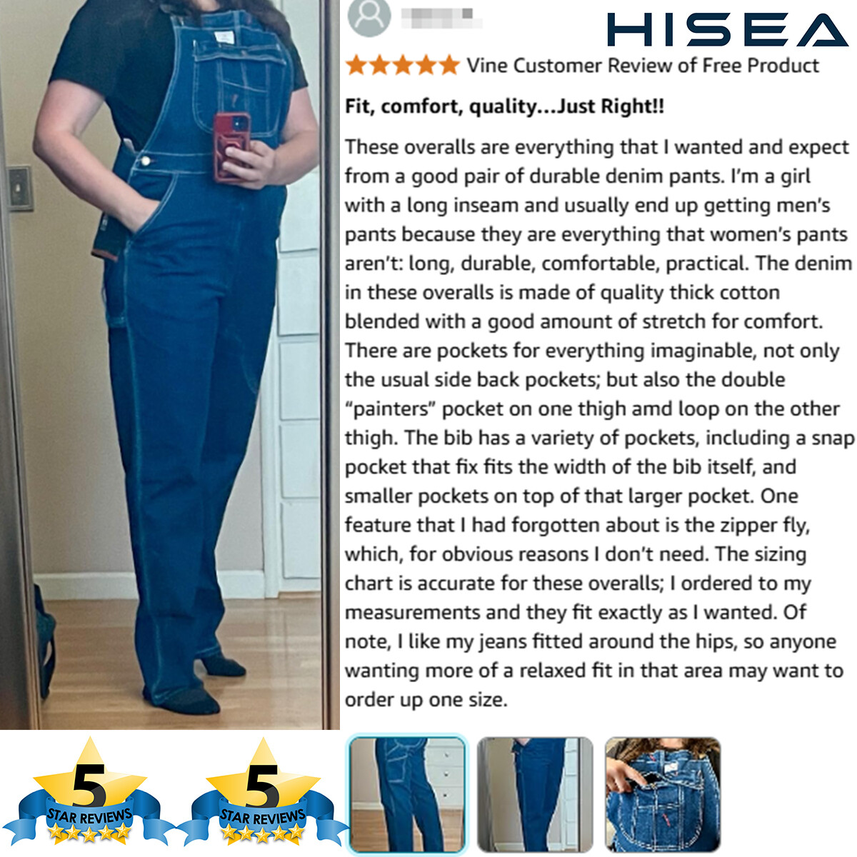 HISEA Men’s Bib Overalls Regular Fit Denim Dungarees Decorator Flex Workwear Zip