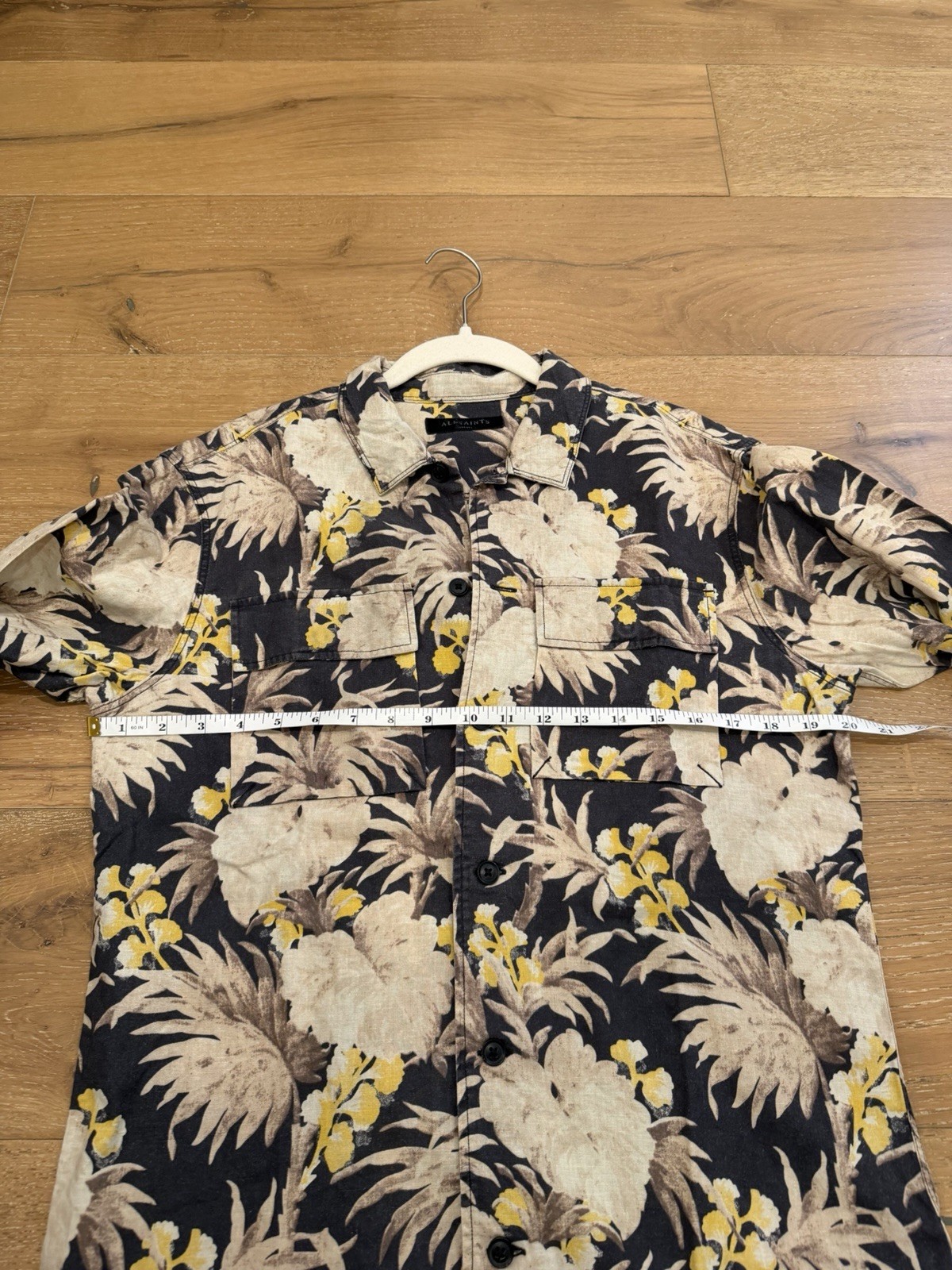 ALLSAINTS Men’s S Floral Button-Up Shirt Black Beige Yellow Long Sleeve – Size S
