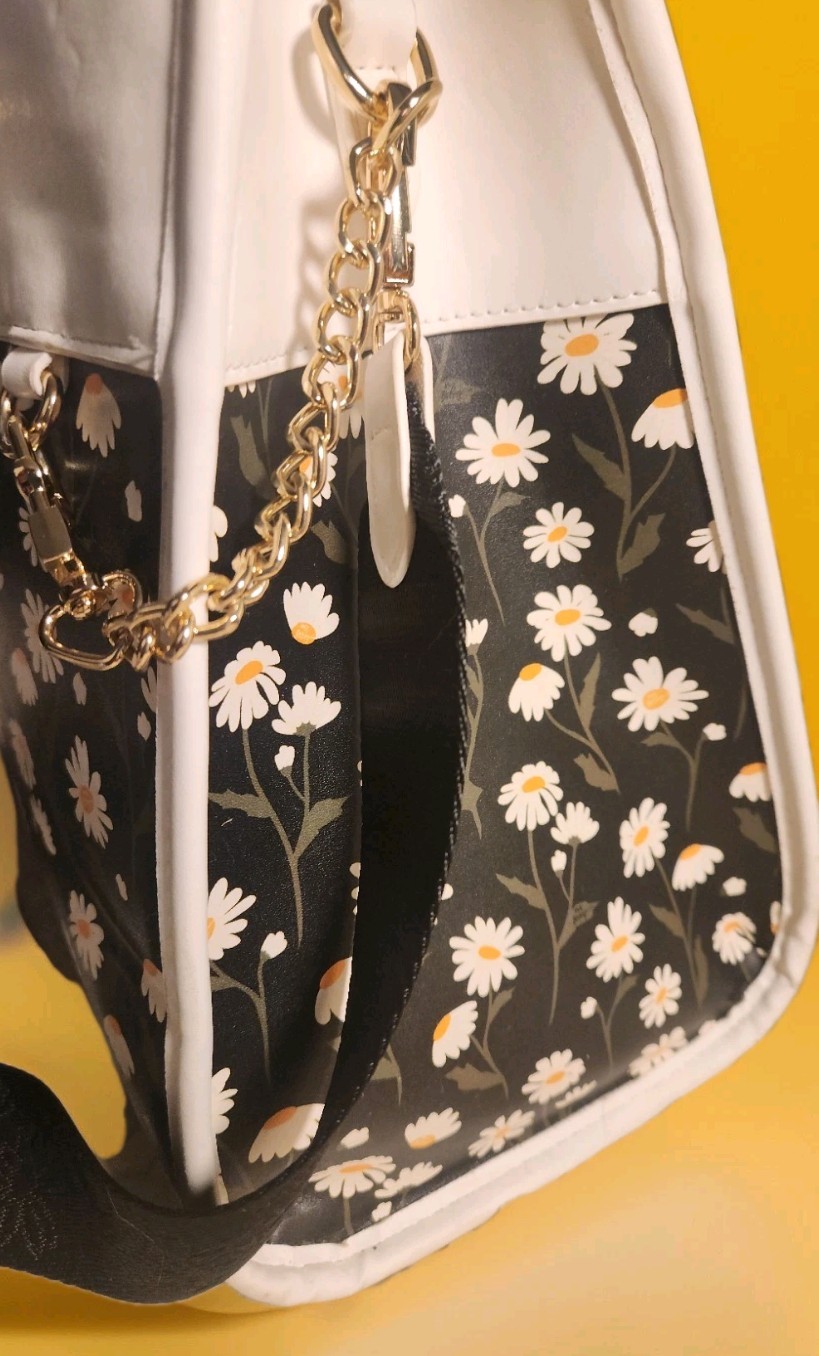 Betsey Johnson Black & White Daisy Floral Satchel, Detachable Strap, Gold HW
