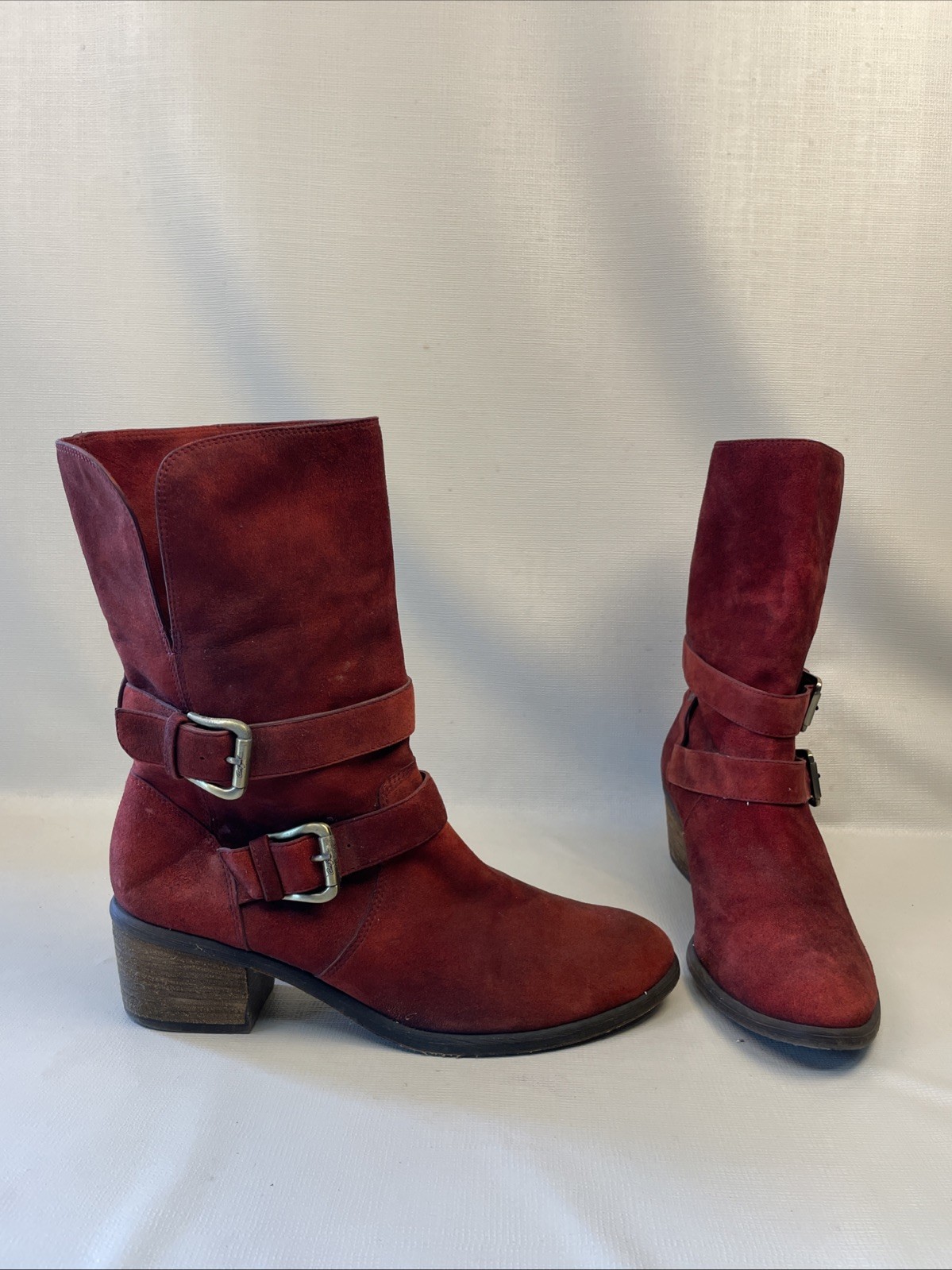 Donald J Pliner Moto Boot Size 10 M Mid Calf Distressed Red Suede Buckle Foldup