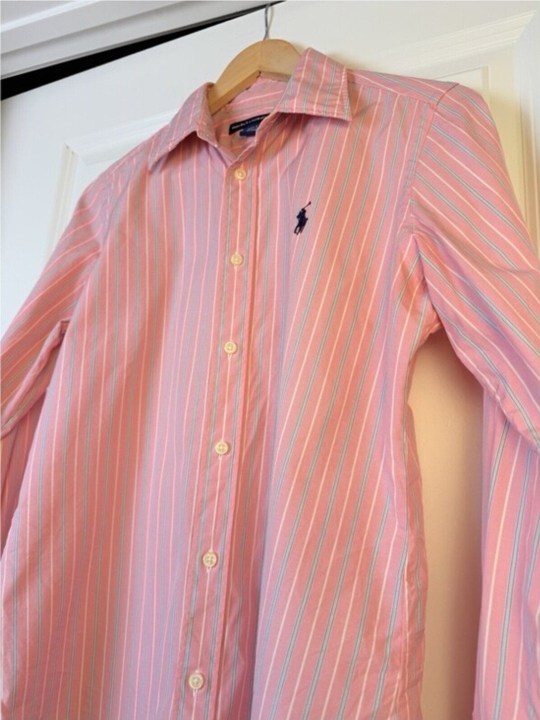 Ralph Lauren Sport Button-Down Shirt Pink Striped Long Sleeve Cotton Size 8