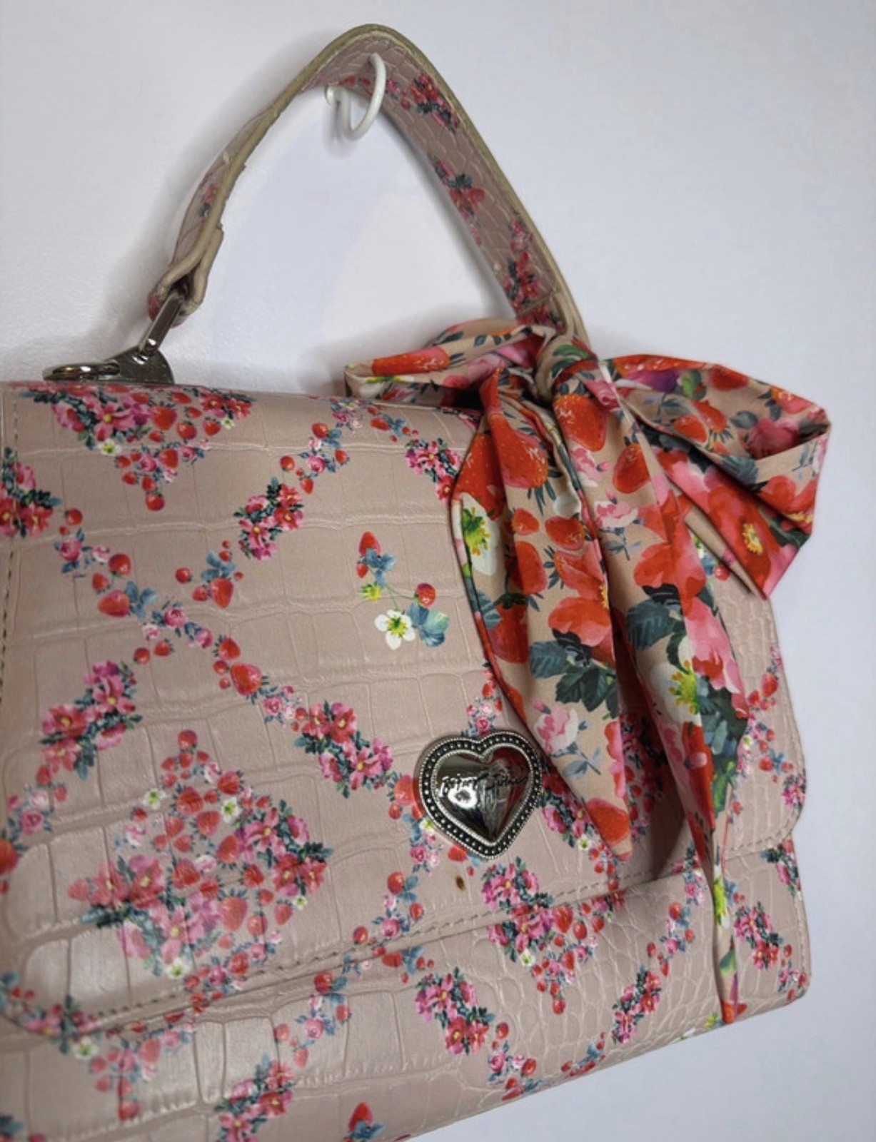 Betsey Johnson Pink Floral Satchel Top Handle Handbag Bow Detachable Strap