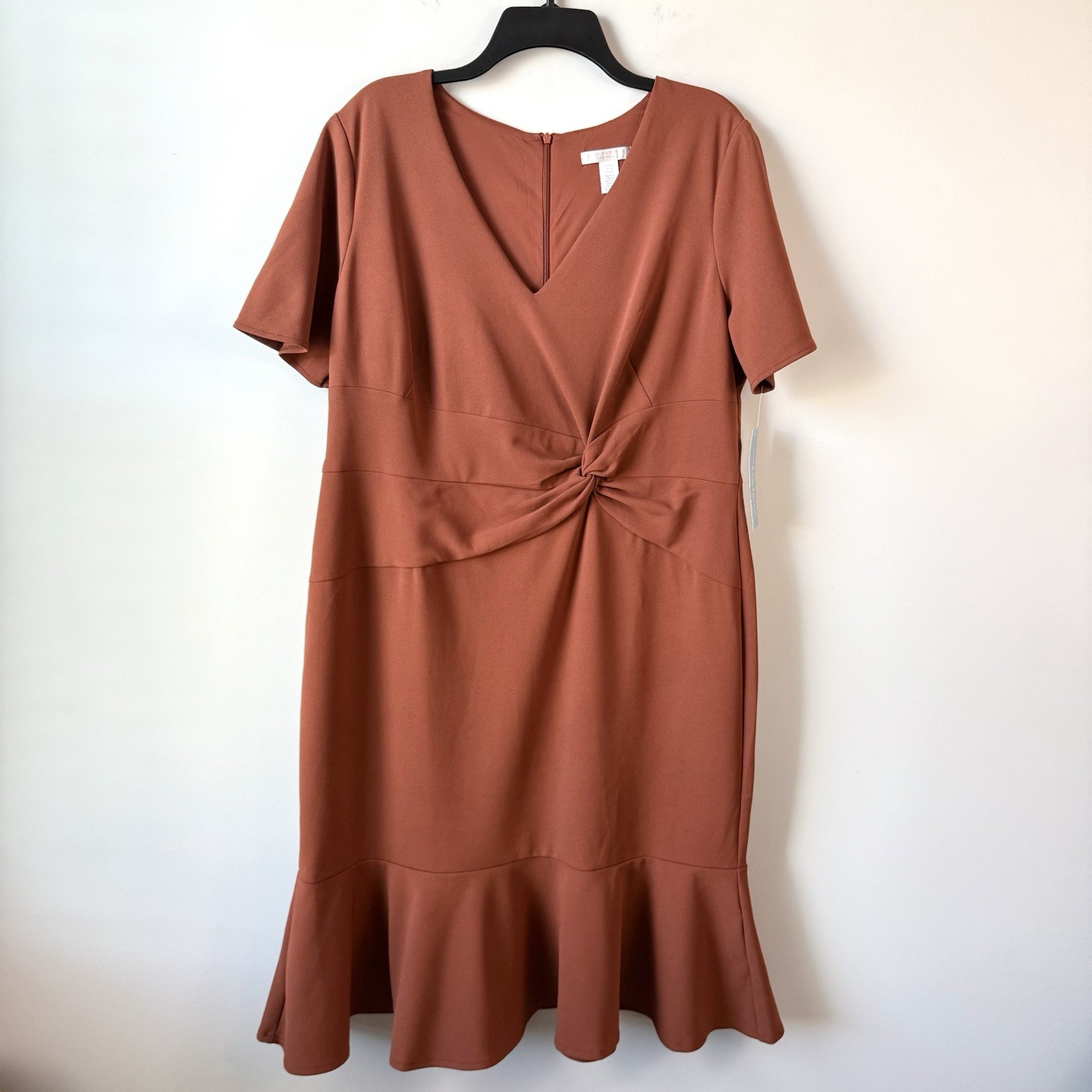 London Times Twist Front Flounce Hem Midi Dress Sequoia Brown 14W