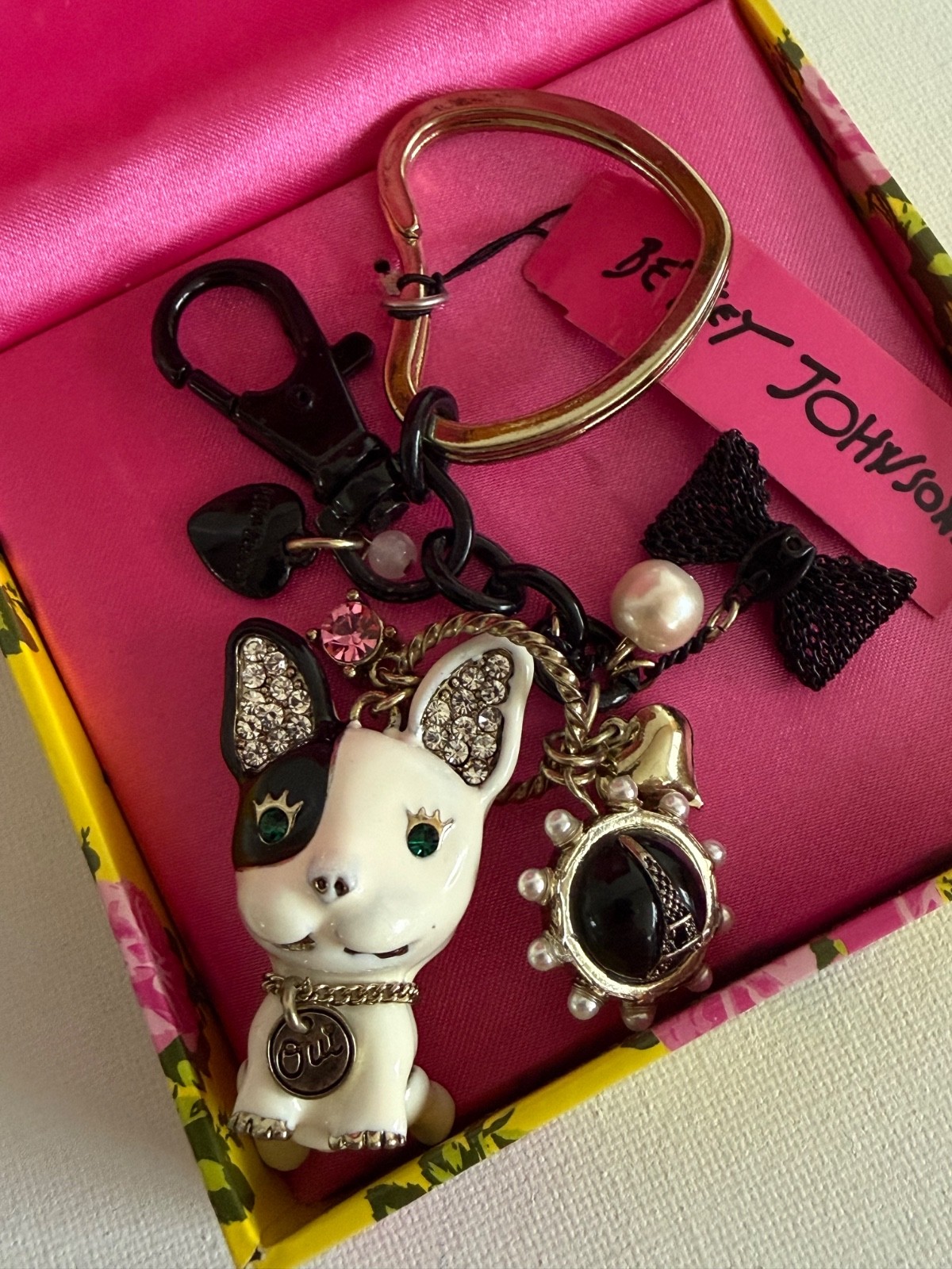 Rare Betsey Johnson Vintage Paris French Bulldog Keychain Bag Charm New In Box