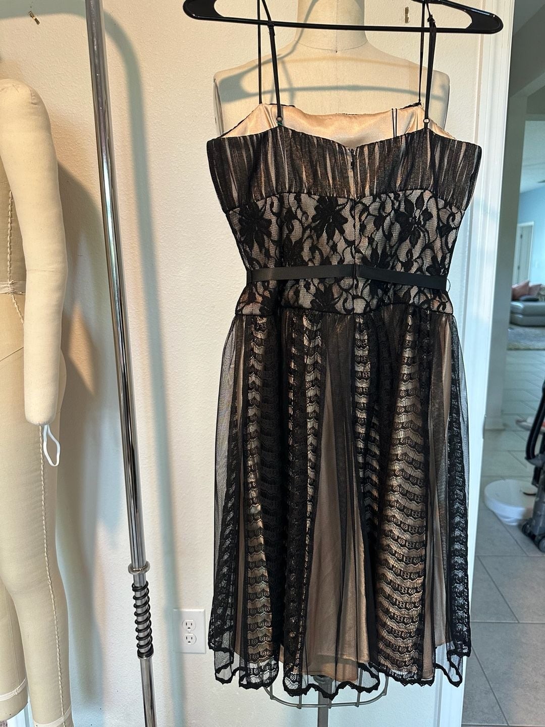 OC by OC Black Lace Overlay A-Line Mini Dress with Satin Ribbon Belt