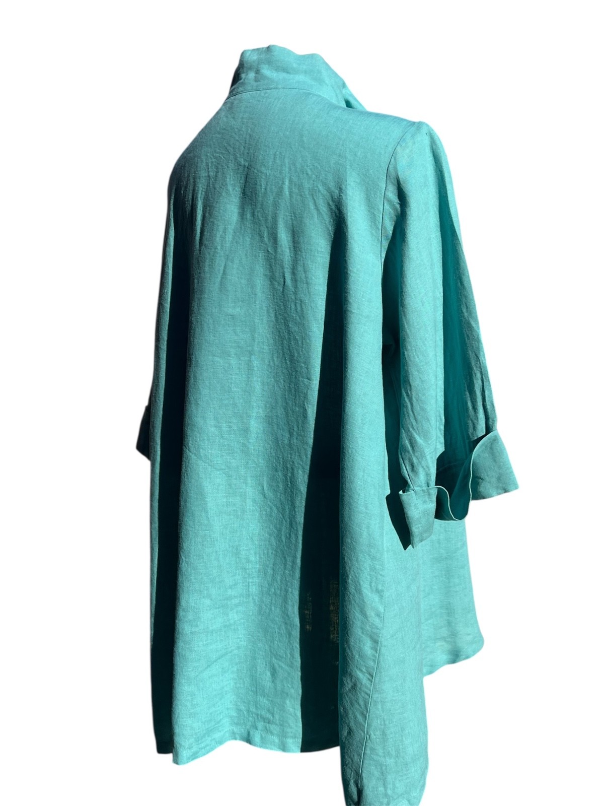 Comfy USA Turquoise Linen Tunic Asymmetrical Zip Front Sz L Jacket 3/4 Sleeve