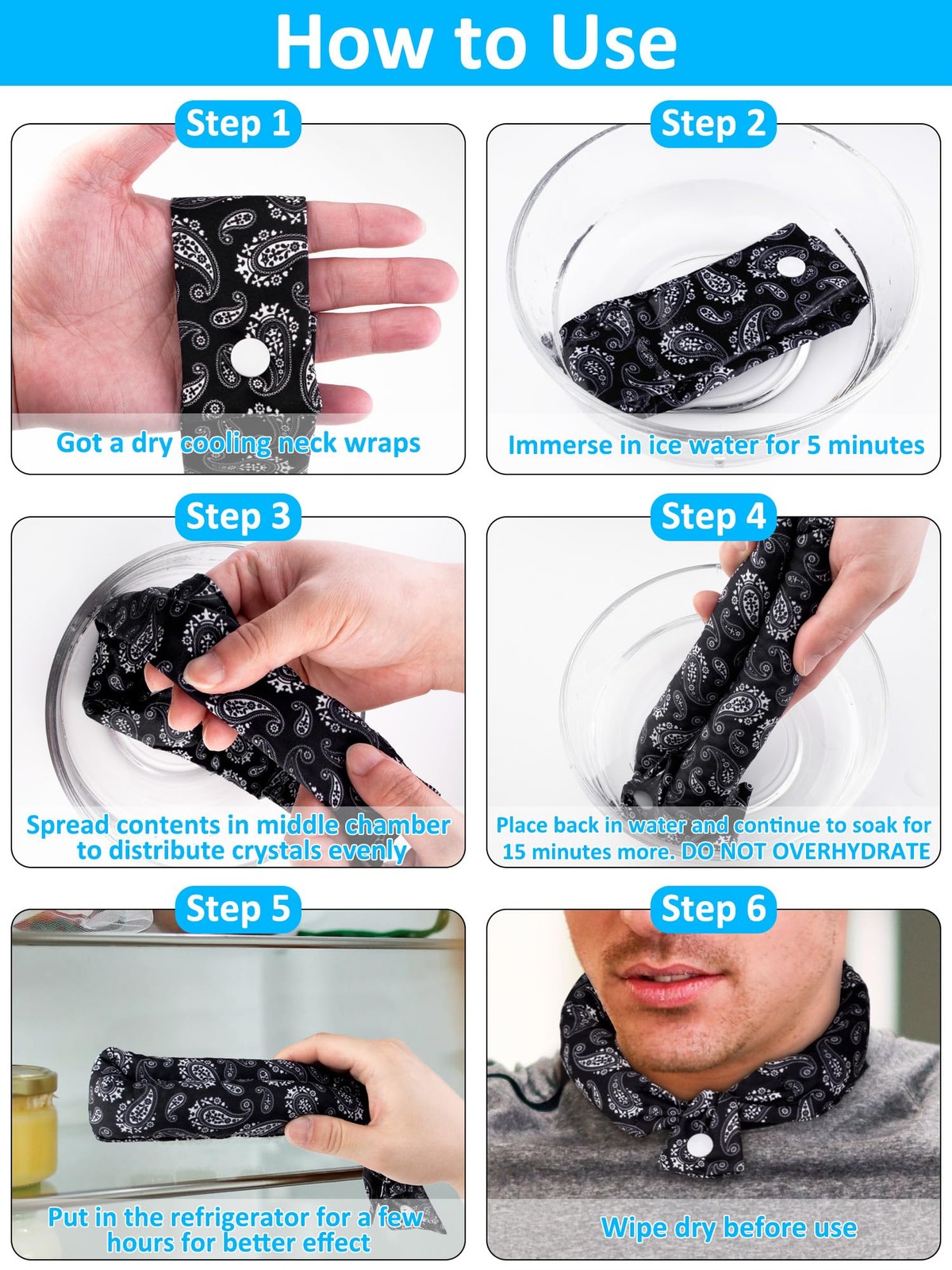 6 Pcs Cooling Neck Wraps with Button Ice Wrap Scarf Cooling Bandana for Hot W…