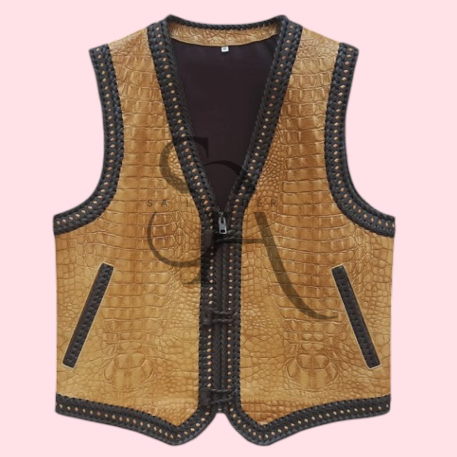 Men’s Tan Crocodile Embossed Leather Biker Vest Handmade Braided Zip Vest