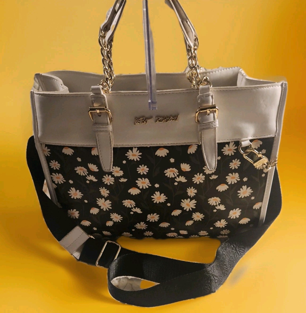 Betsey Johnson Black & White Daisy Floral Satchel, Detachable Strap, Gold HW