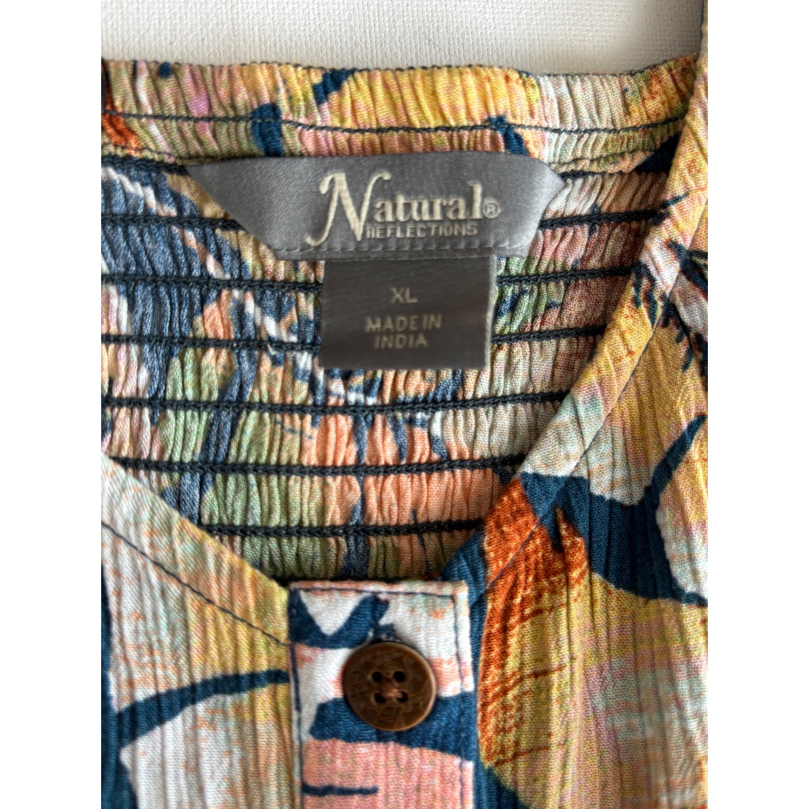 Natural Reflections Tropical Leaf Button Front Midi Dress XL Smocked Boho