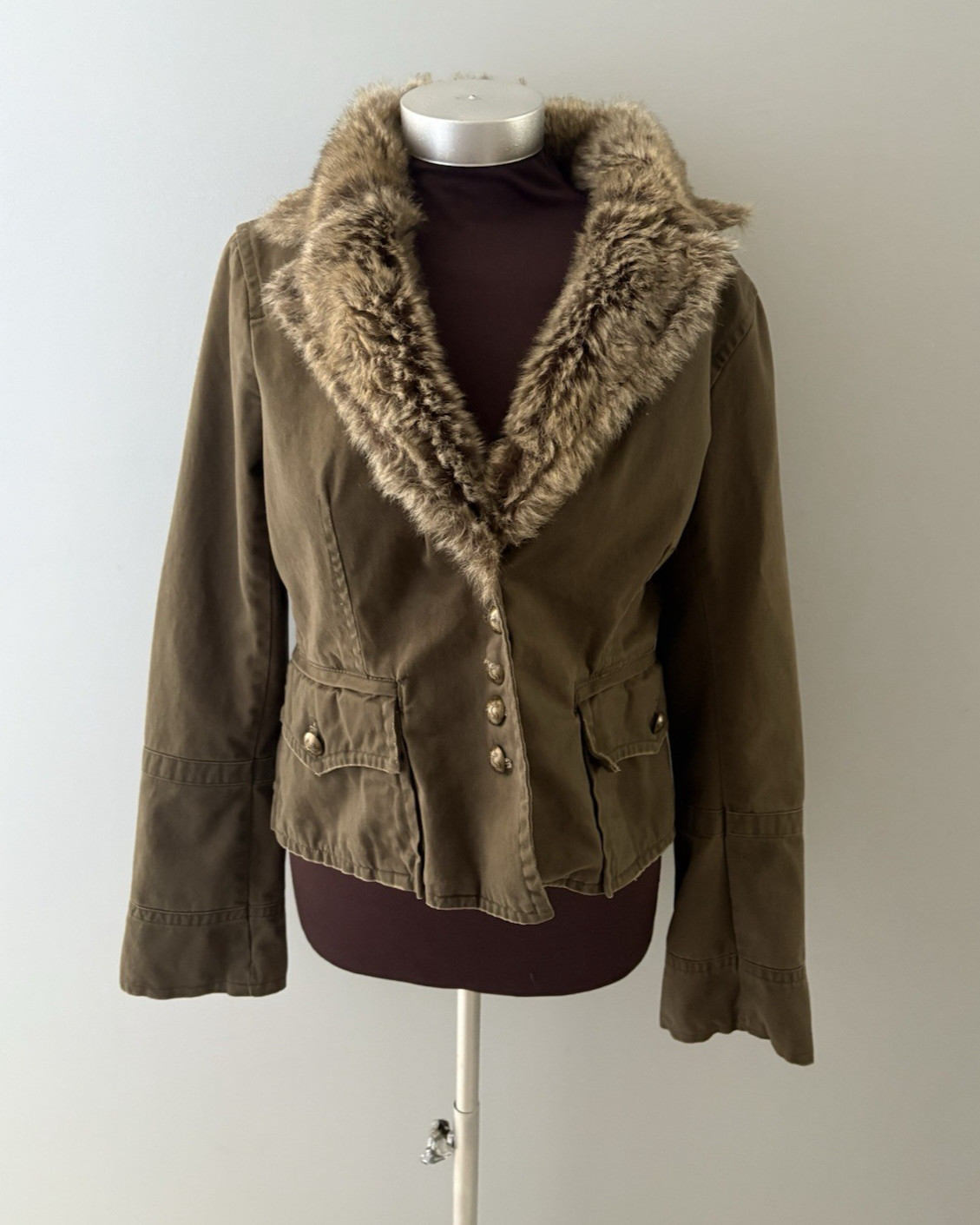 Y2K BB Dakota Faux Fur Trim Jacket Womens L Green Military Canvas Grunge Boho *