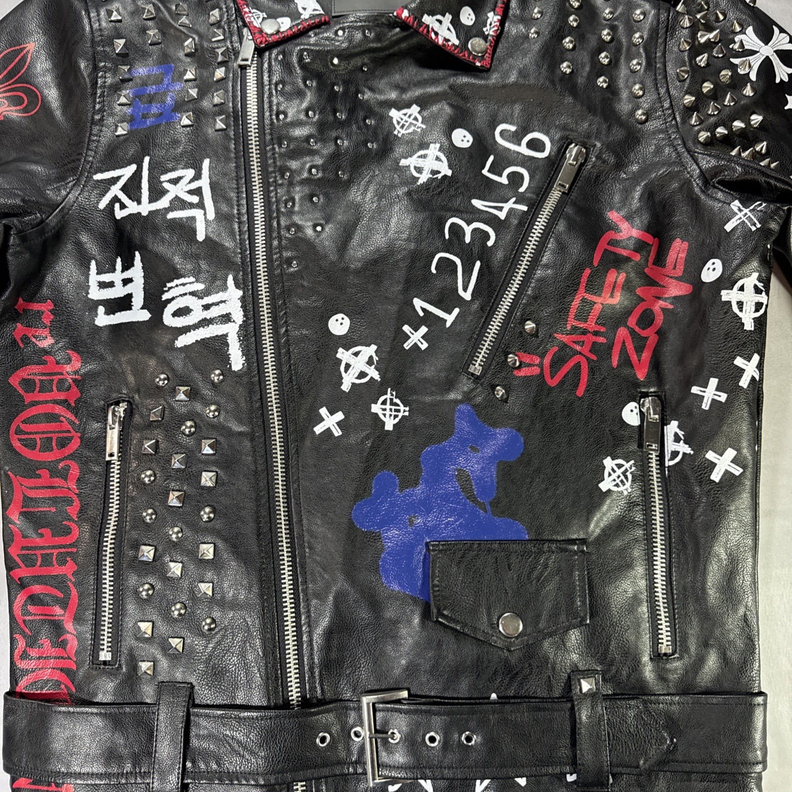 Smoke Rise Graffiti Vegan Leather Jacket Large Studded Punk Rock Moto Music NWT