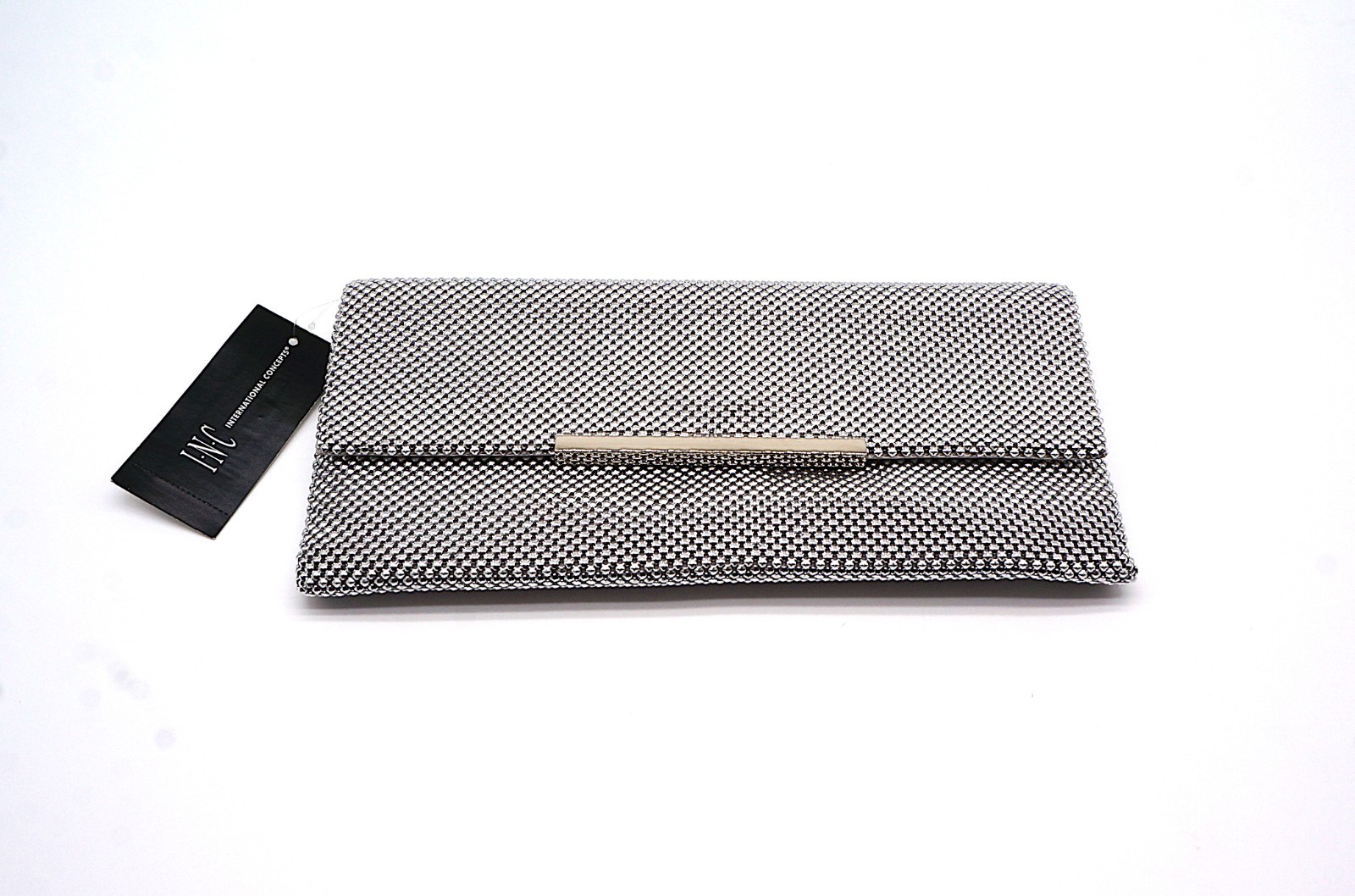 INC International Concepts HETHER Shiny Mesh Clutch Silver NEW