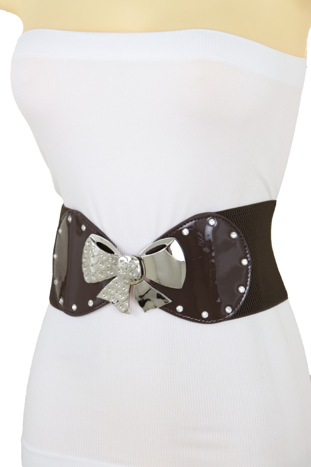 Women Dark Brown / Gold Color Wide Fashion Belt Metal Bow Tie Ribbon Buckle S M
