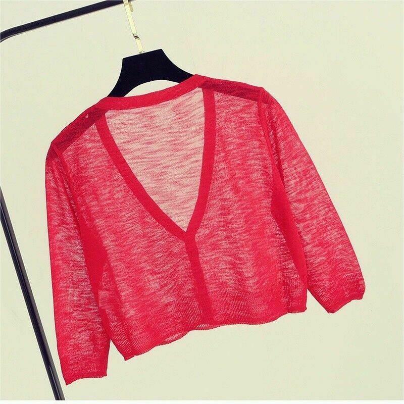 Women Sweater Shrug Crop Top Coat 3/4 Sleeve Knit Cardigan Button Down Sheer