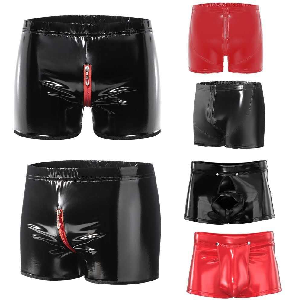 US YiZYiF Men Wet Look Leather Openable Crotch Boxer Shorts Zipper Button Shorts
