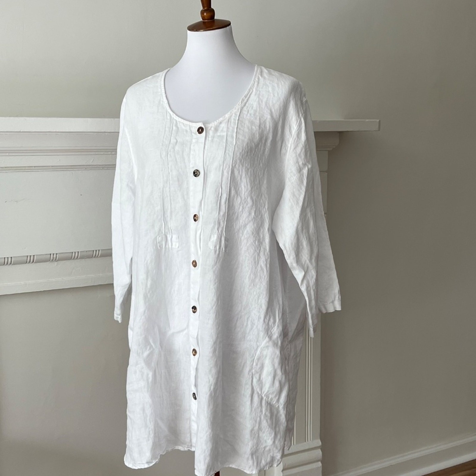 Plus Size Top Solid White Linen 1X Vintage Shirt Lagenlook Tunic Blouse Relaxed