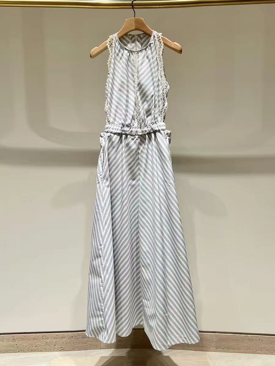 Sandro Lace edged diagonal stripe elastic high waisted sleeveless round neckdres