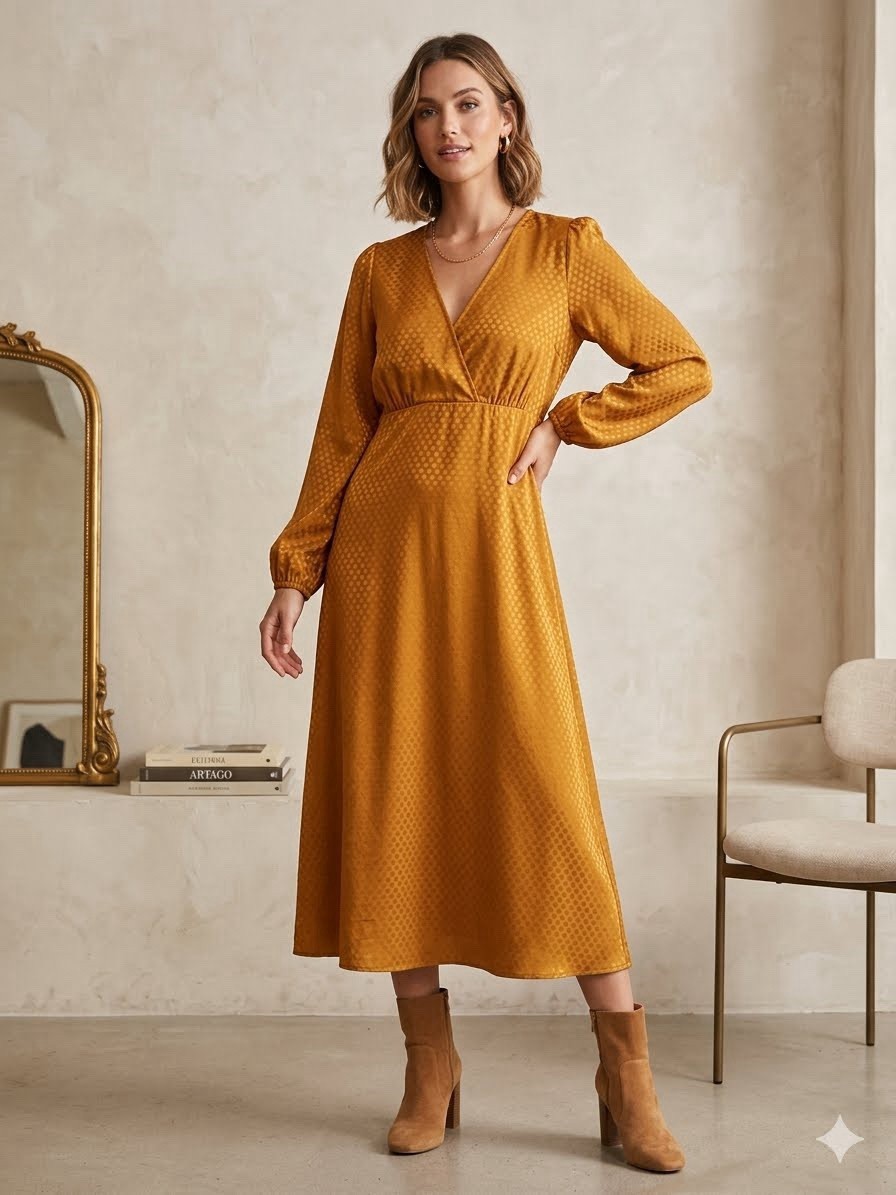 Sanctuary Earth Bound Satin Midi Dress Burnt Orange Dotted Long Sleeve Sz S