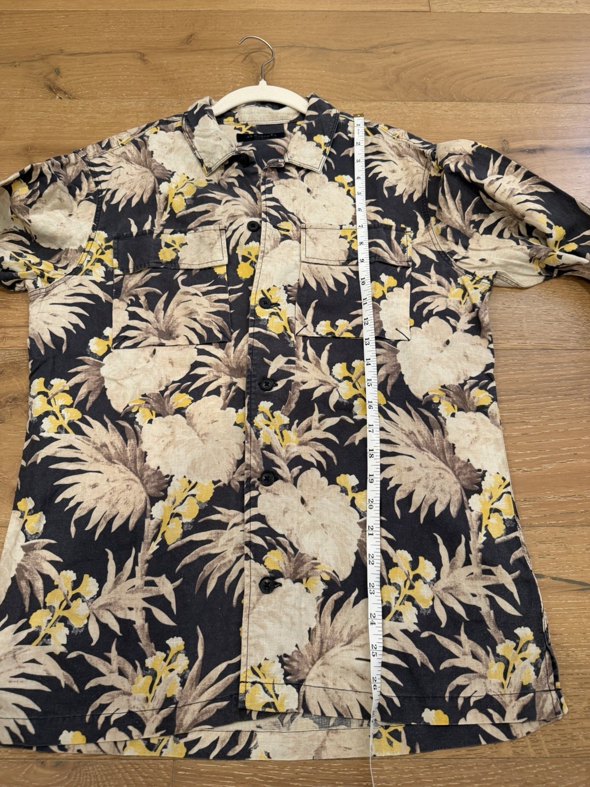 ALLSAINTS Men’s S Floral Button-Up Shirt Black Beige Yellow Long Sleeve – Size S