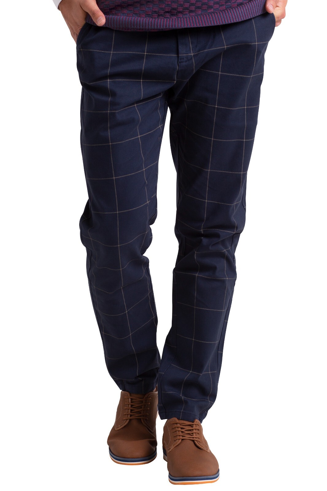 Mens Plaid Check Formal Pants Stretch Slim Fit Casual Fashion Smart Work Trouser