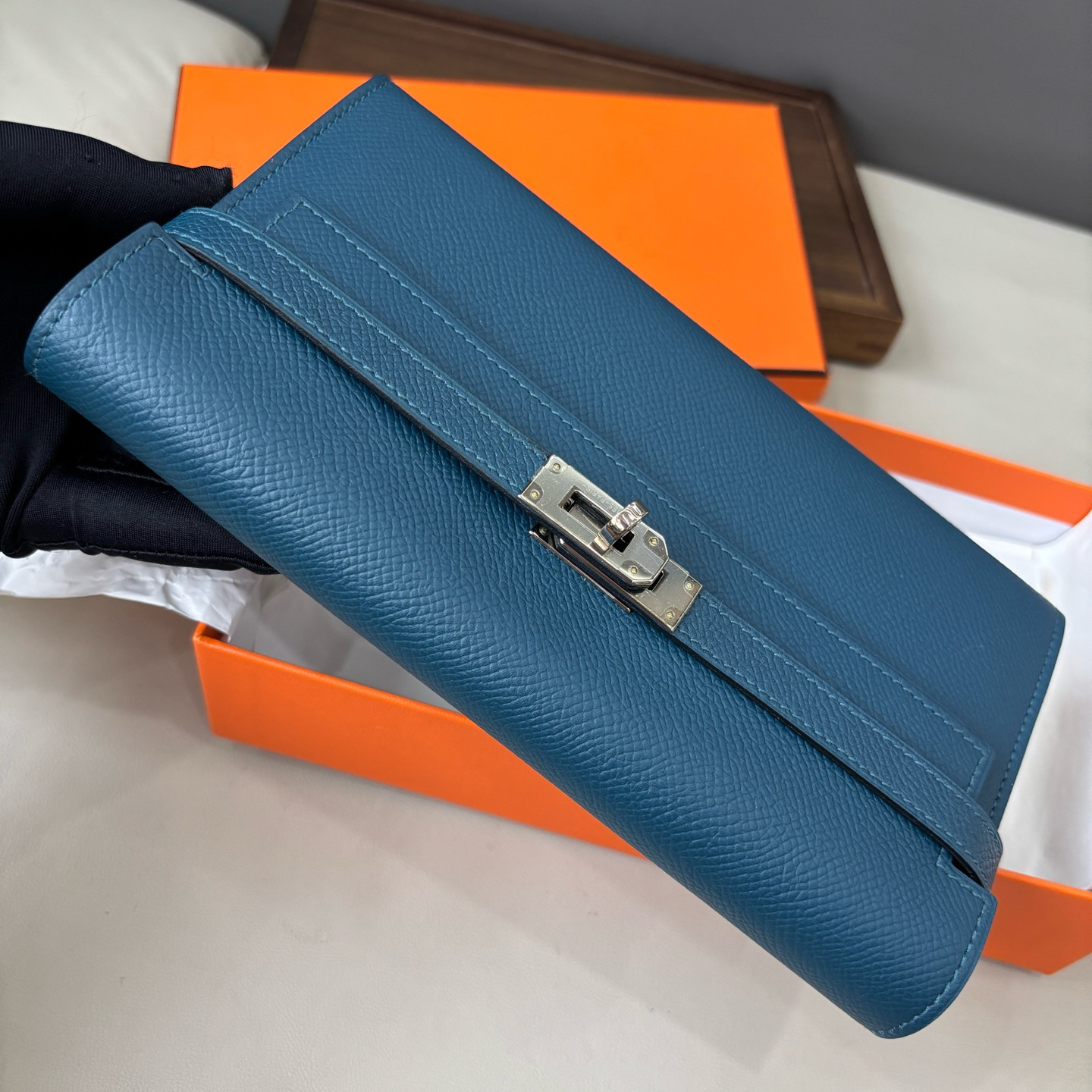 Excellent Hermes Kelly Epsom Leather Blue Long Wallet Clutch Silver Hardware