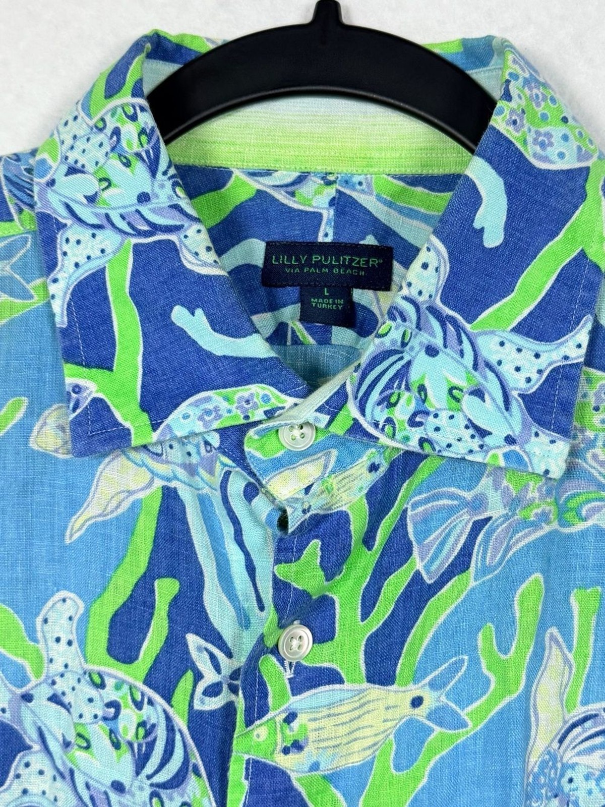 Lilly Pulitzer Men’s Stuff Wyeth 100% Linen Shirt L Sea Turtle Coral Blue Print