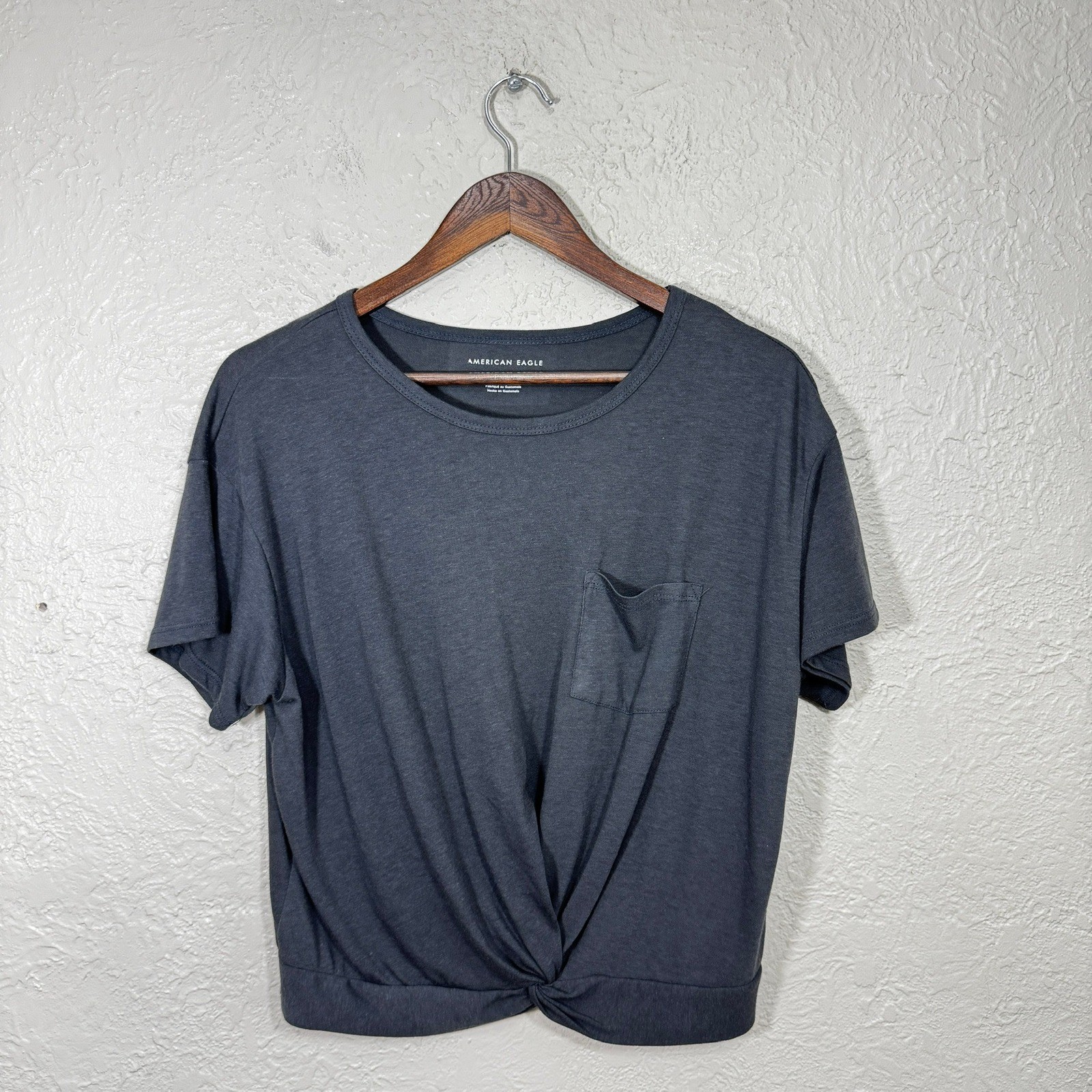 American Eagle Crop Boxy Tee Medium Twist Front Pocket Oversized Lounge Grunge