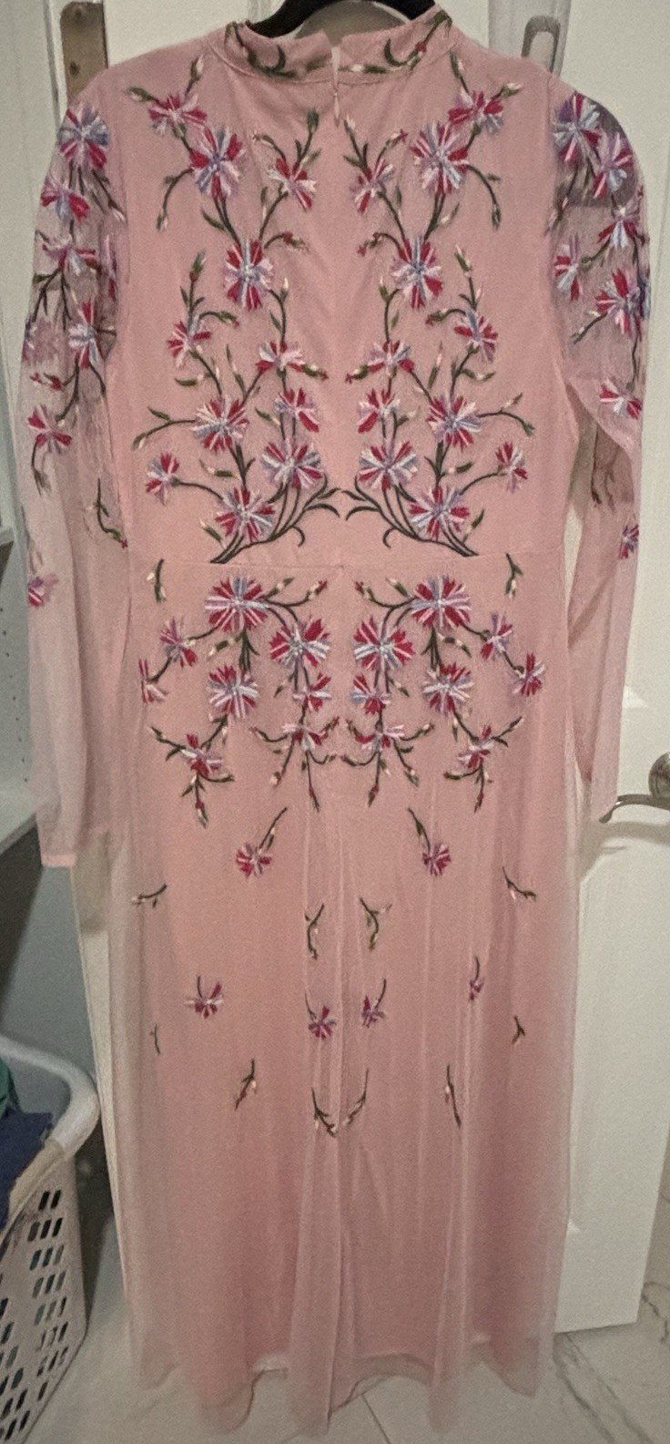 Womens Pink Floral Embroidered Chiffon Maxi Dress M Long Sleeve High Neck