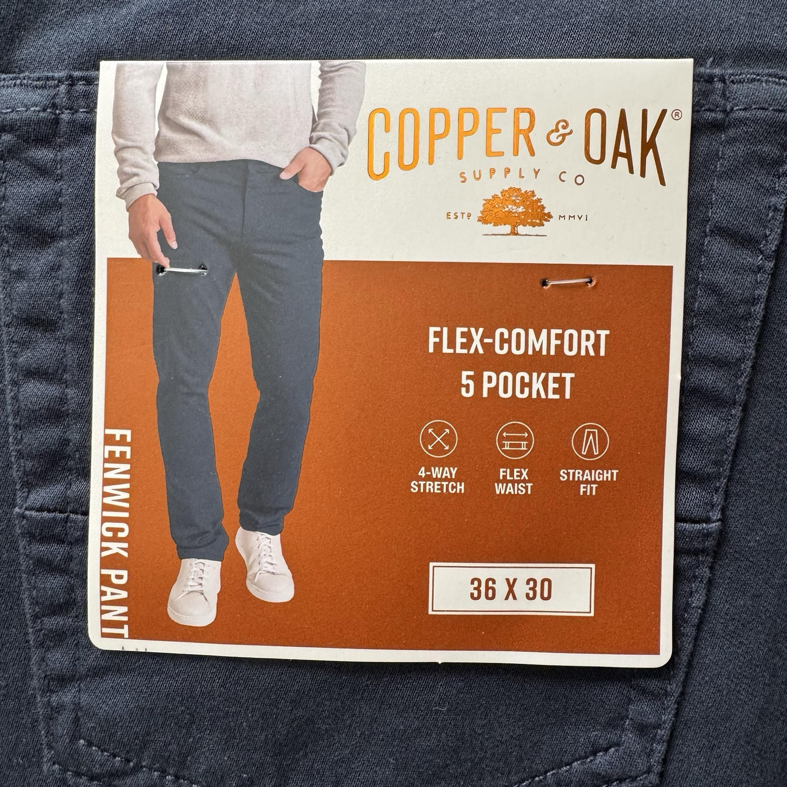 Copper & Oak NWT Mens 36×30 Fenwick Flex-Comfort 5 Pocket Pants Ocean Blue NEW