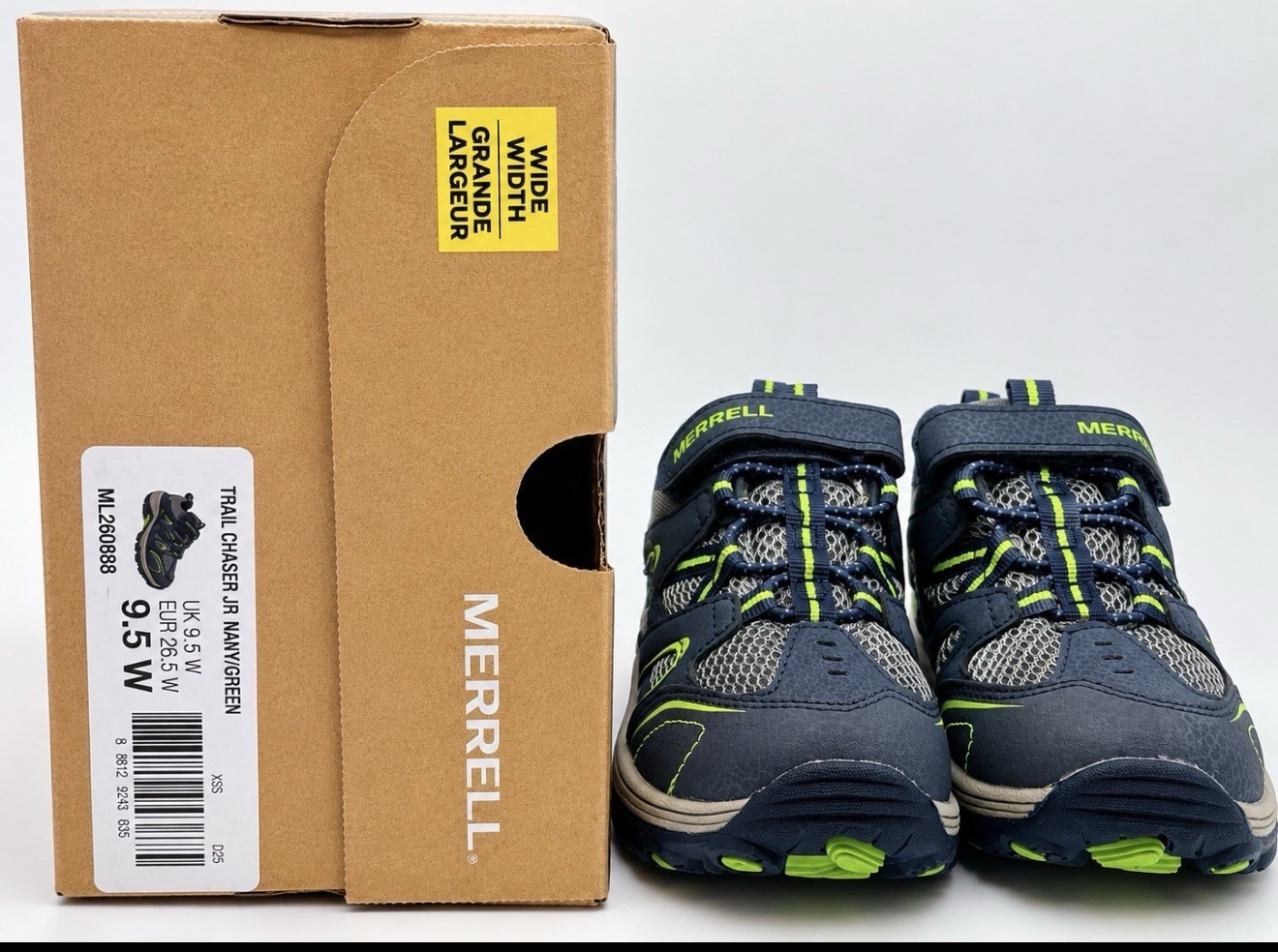 Merrell Trail Chaser Jr Boys Sneakers US 9.5W Hook & Loop Navy/Green/Gray