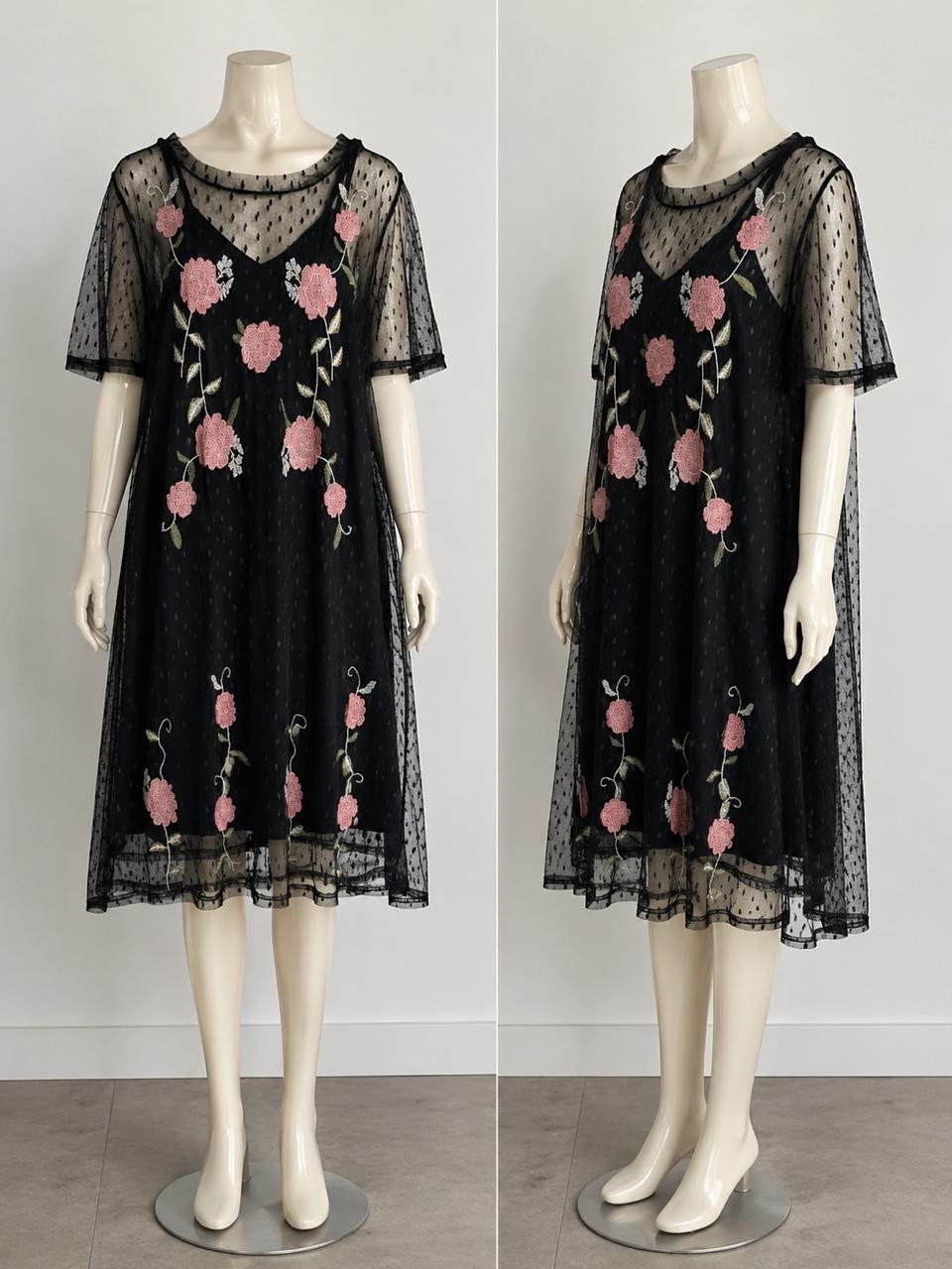Women’s Black Mesh Floral Embroidered Midi Dress Short Sleeve Sheer size 2