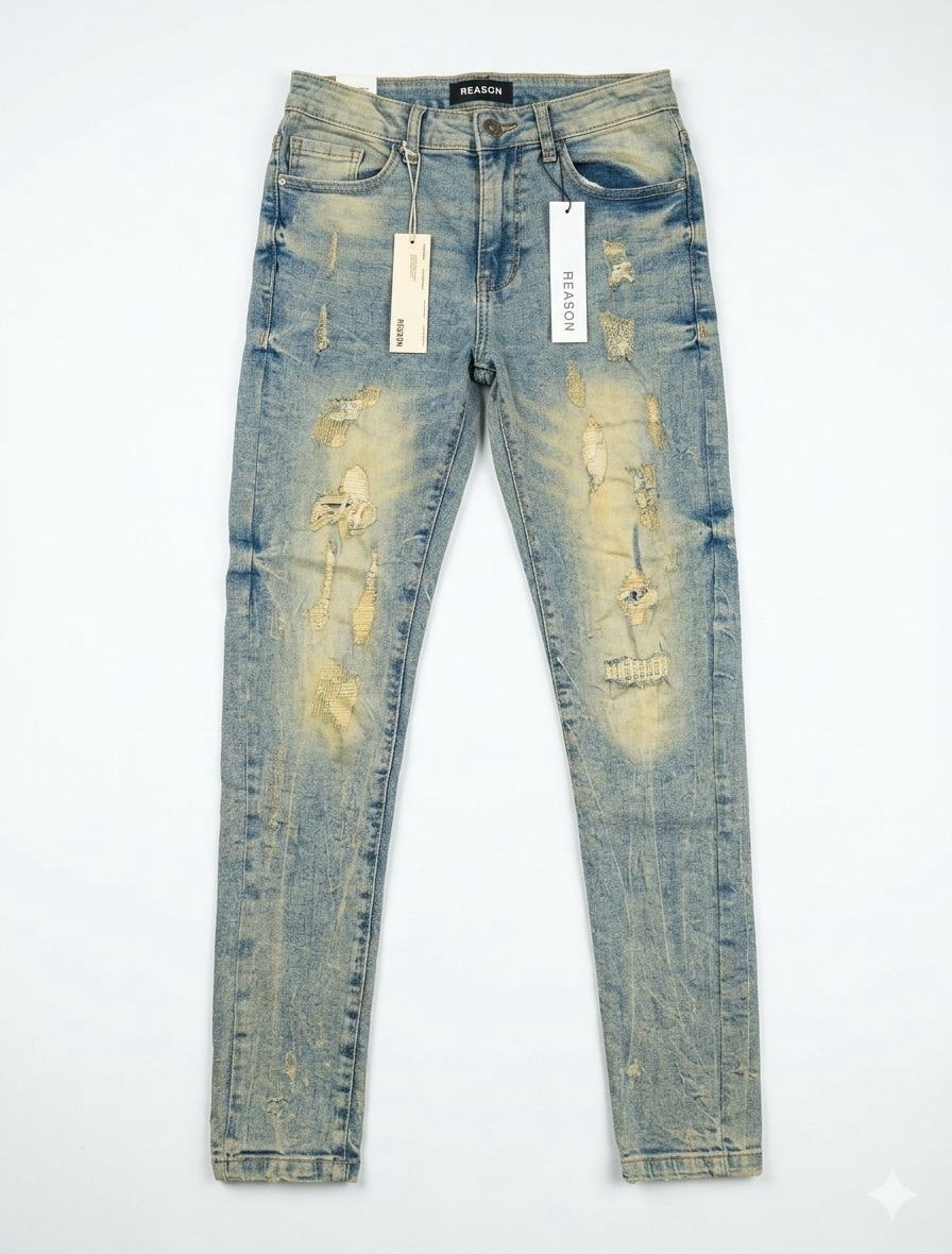 Reason Men’s Blue Light Wash Distressed Skinny Denim Jeans 5-Pocket size-30
