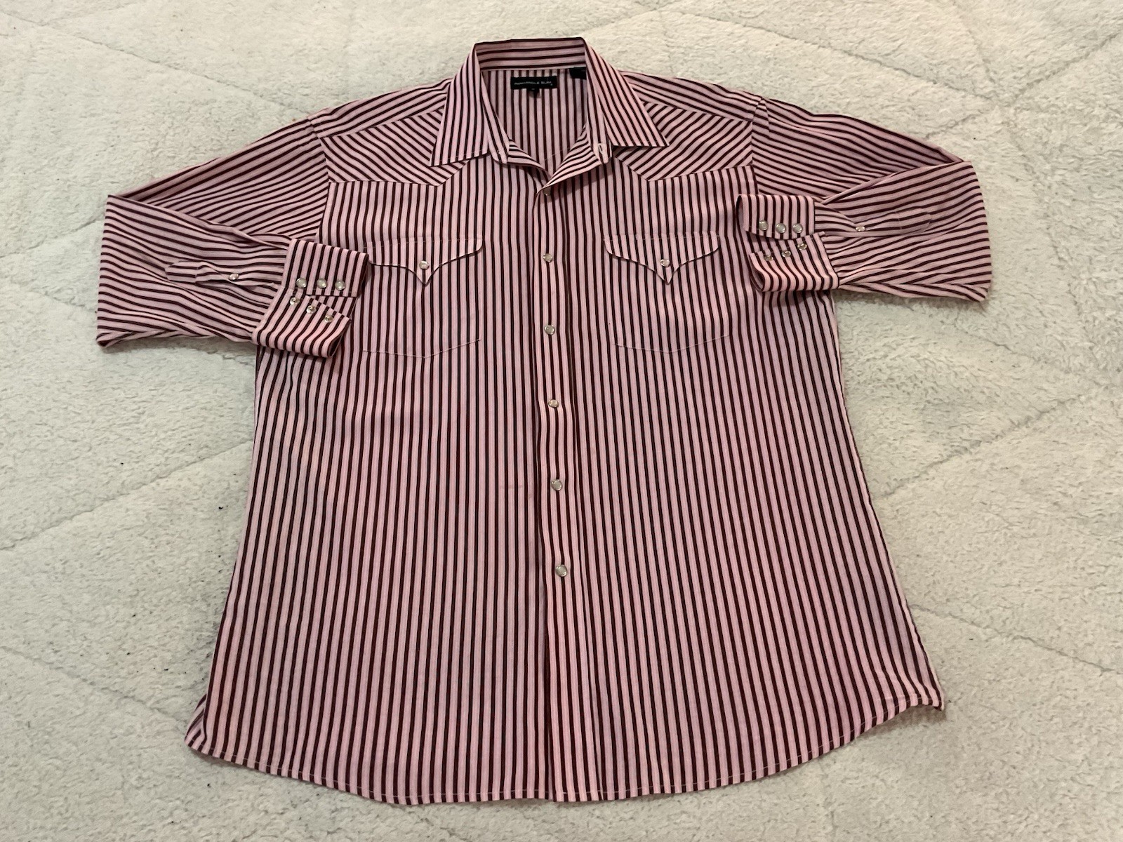 Panhandle Slim Pearl Snap L/S Shirt Striped Western Mens 17 34 Red Pink Vintage