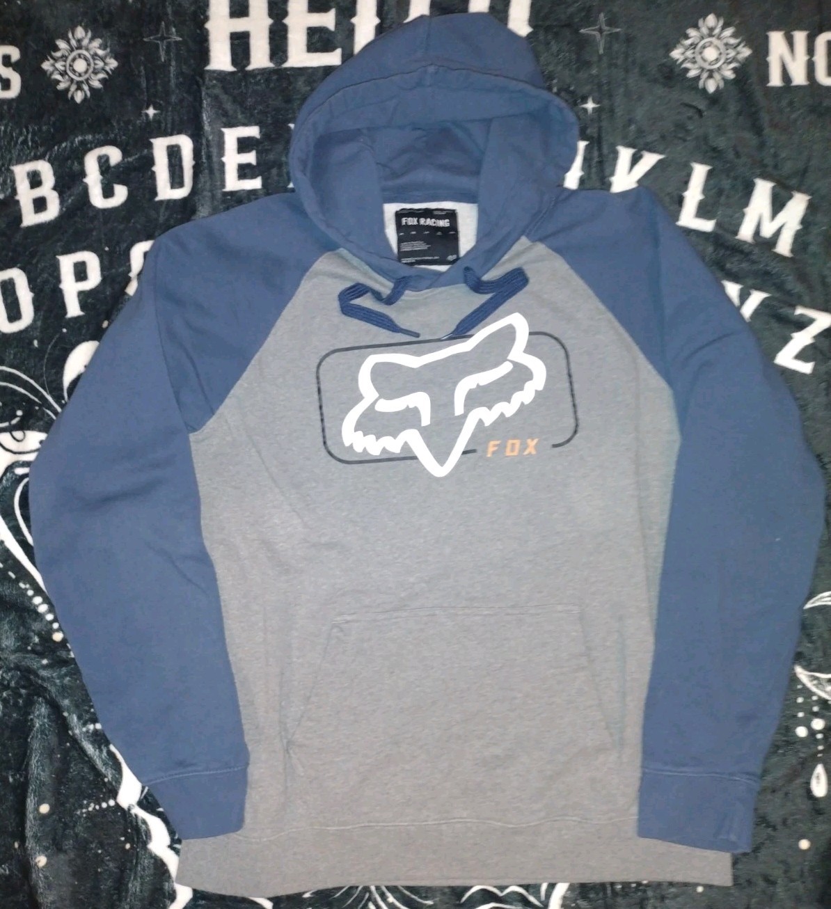 Fox Racing Sweatshirt Hoodie Raglan Blue/Gray Cotton Blend Graphic Logo Men’s XL