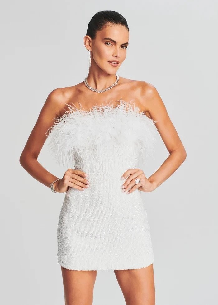 Retrofete Torin Sequin Feather Off Shoulder Mini Dress Little White S Small