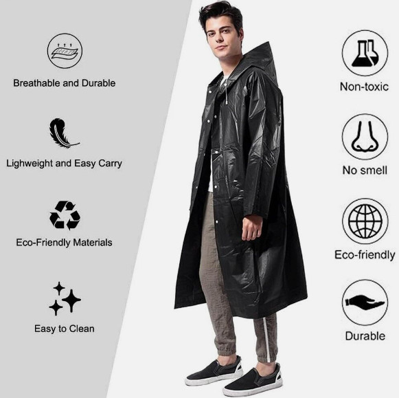 Men Black Waterproof Long Raincoat Rain Coat Hooded Trench Jacket Outdoor Hiking