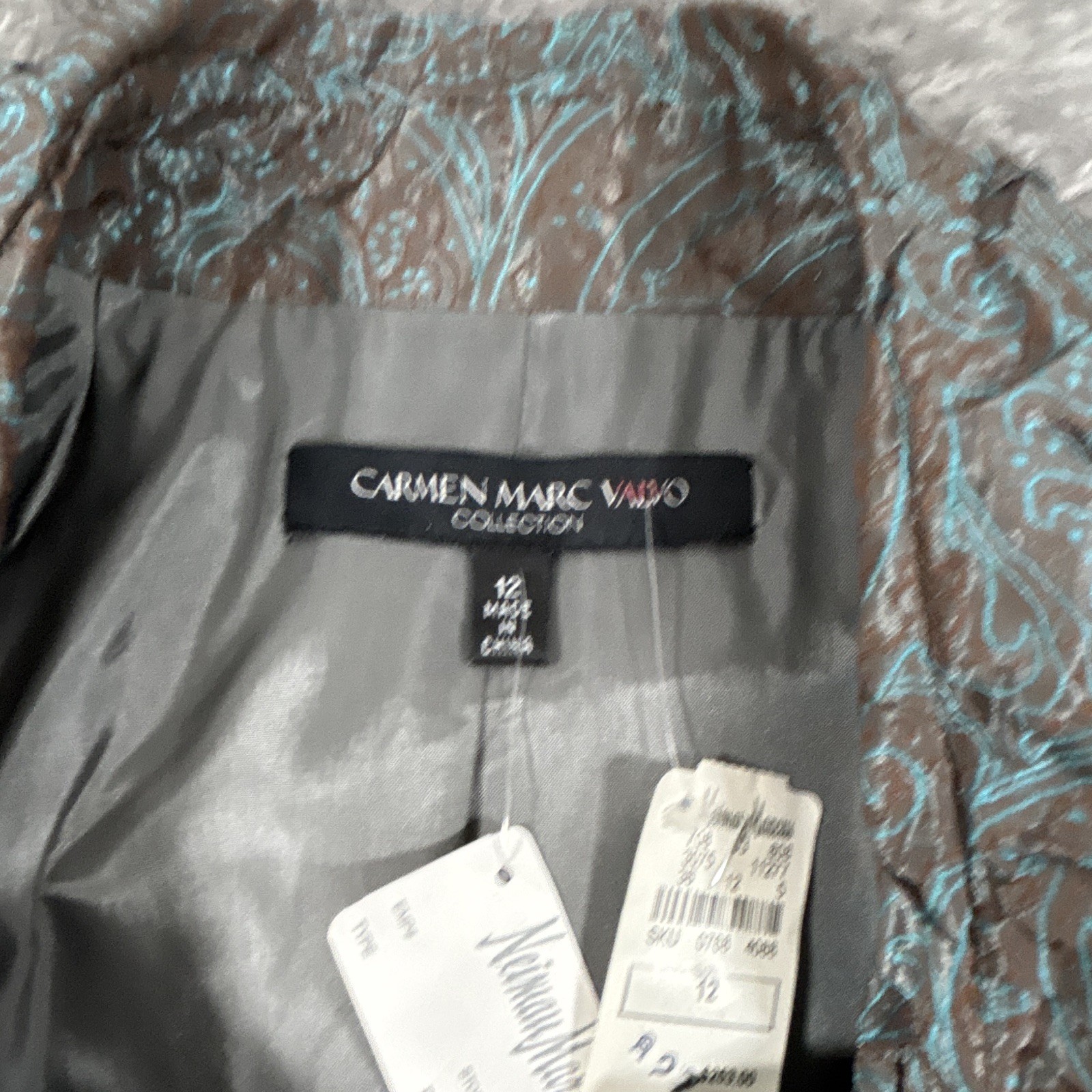 Carmen Marc Valvo Collection Long Metallic Paisley Lined Overcoat Size 12